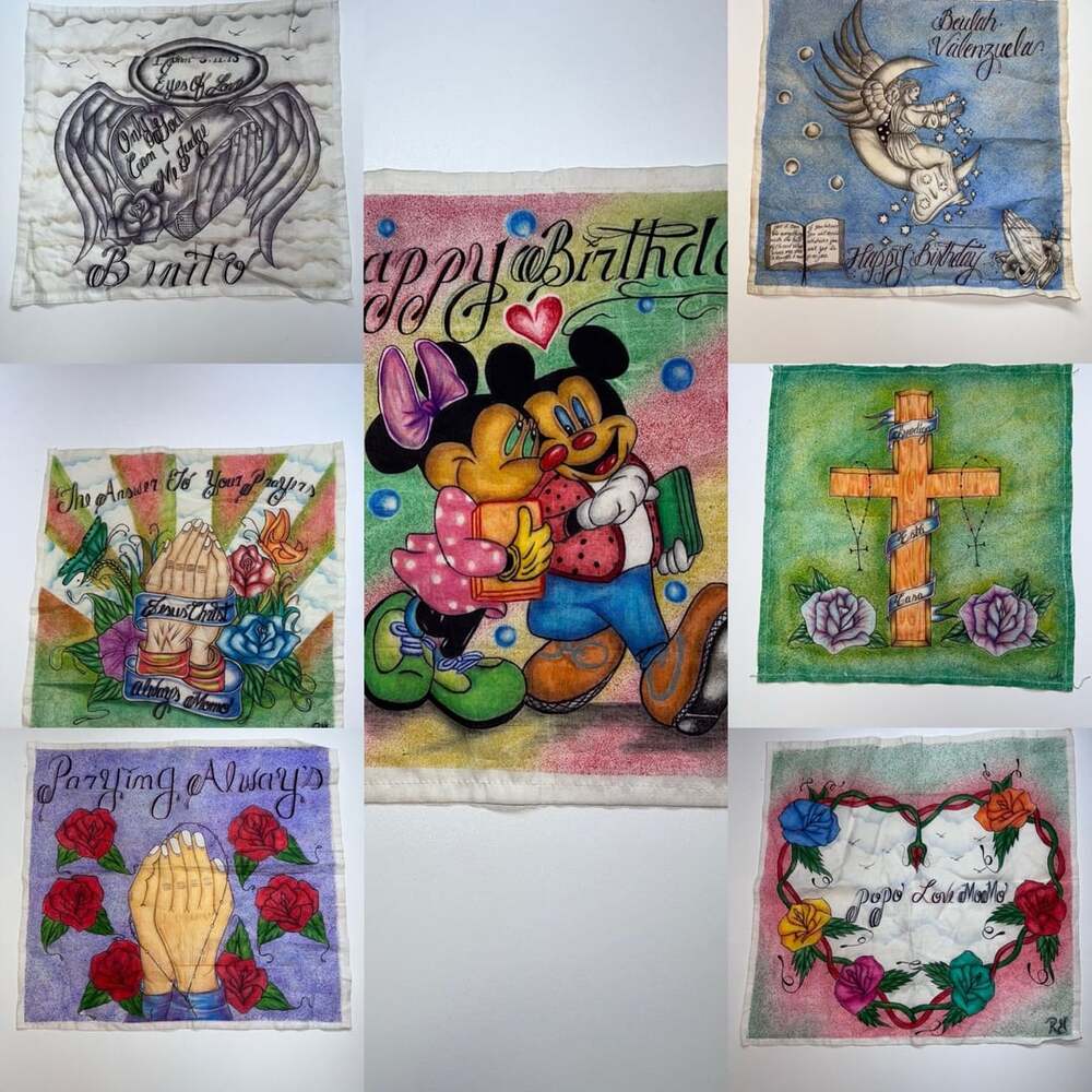 Vintage Paño Art Chicano Prison Handkerchief Lot Praying Hands Cross Rosary